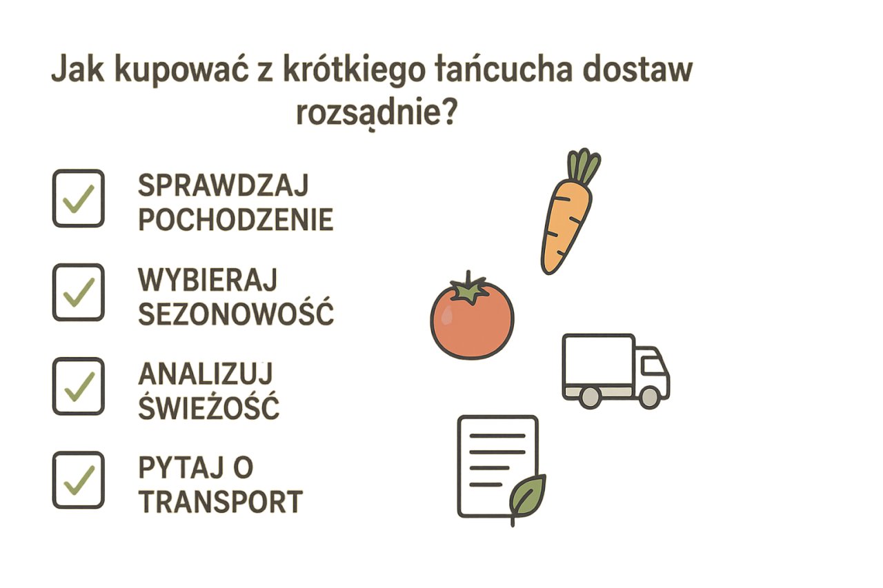 Infografika z praktycznymi wskazówkami jak kupować żywność z krótkiego łańcucha dostaw