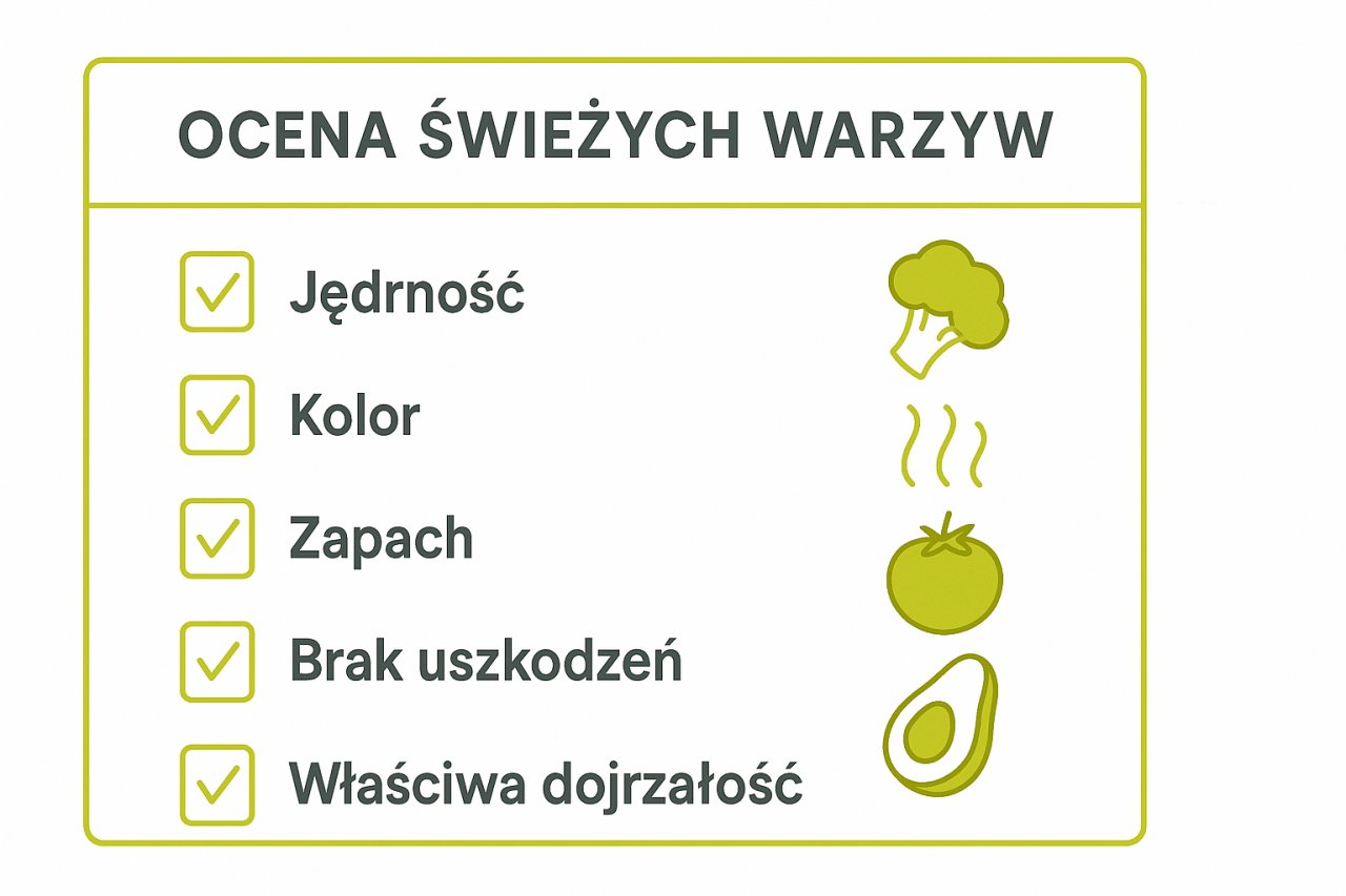 Infografika pokazująca checklistę oceny świeżych warzyw podczas zakupów