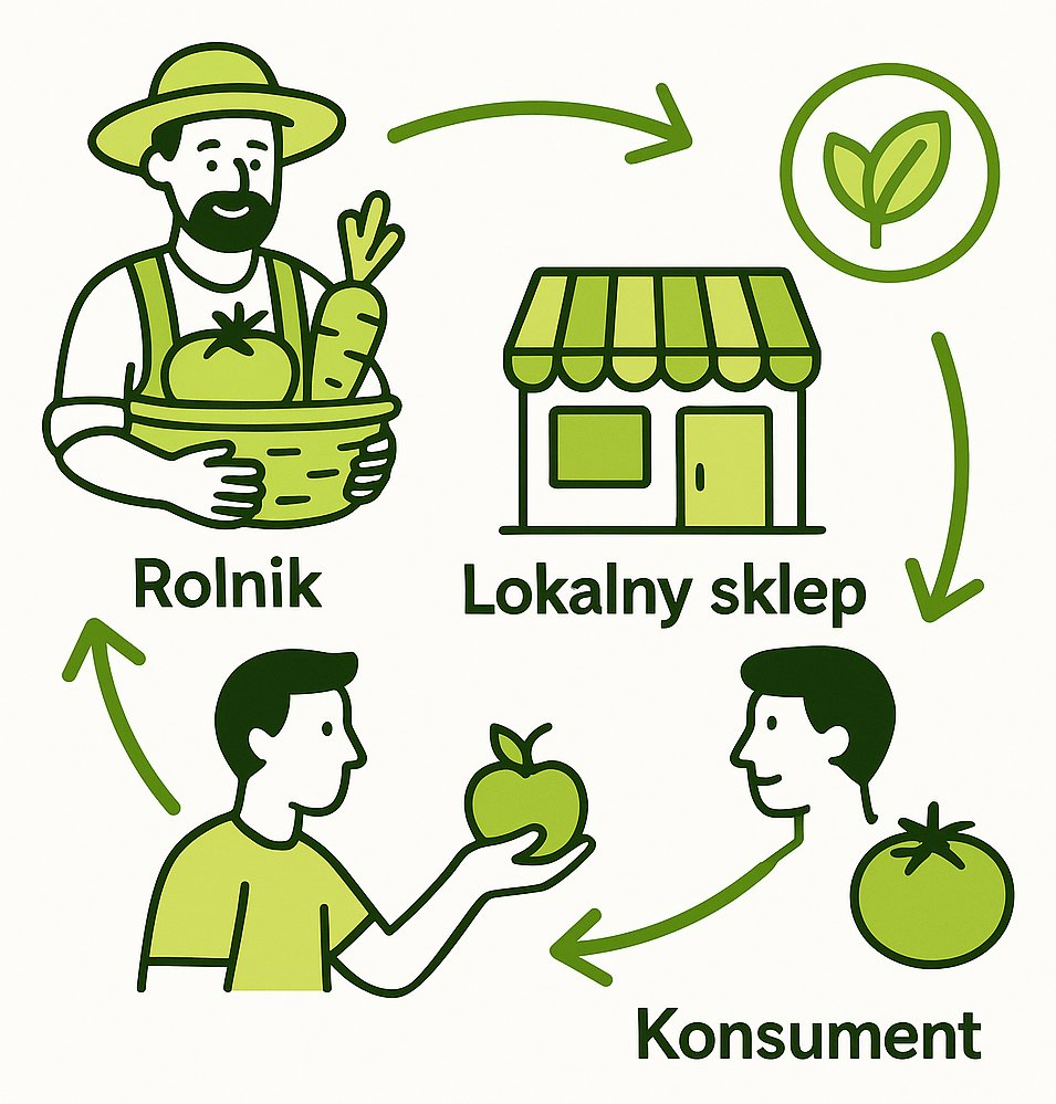 Ilustracja krótkiego łańcucha dostaw żywności lokalnej z rolnikiem, sklepem i konsumentem